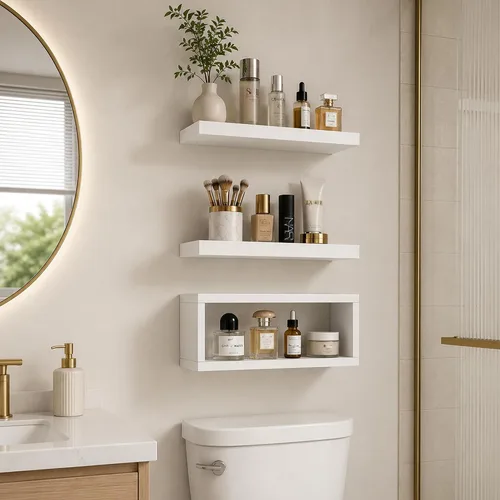 Miniatura 6 de RANK Estantes de baño sobre el inodoro, estantes flotantes montados en la pared, almacenamiento de papel higiénico, estante pequeño de decoración