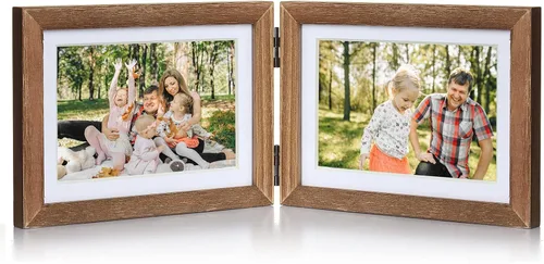 Miniatura 21 de Marco de fotos doble de 4 x 6 pulgadas con bisagras horizontales, marco de fotos plegable en madera de pino negro con vidrio real para mesa