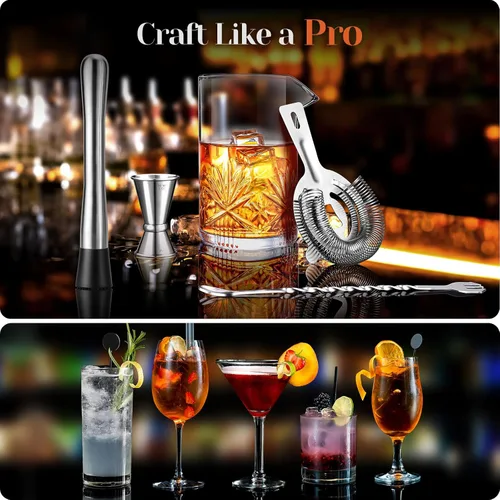 Miniatura 6 de Vaso mezclador de cóctel, kit de barman de cristal de 18 onzas, 5 piezas de vidrio mezclador de barra con colador, mezclador, cuchara, jigger
