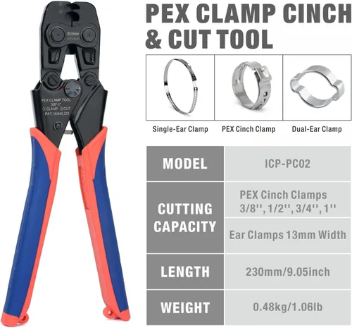 Miniatura 2 de iCrimp ICP-PC02 F2098 PEX Herramienta de abrazadera para pellizcar y cortar anillos de abrazadera PEX de acero inoxidable, 3/8 a 1 pulgada