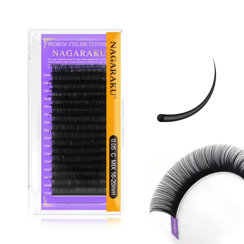 Miniatura 229 de NAGARAKU Extensiones de pestañas, pestañas individuales, 0.05mm, rizo D, 15mm, clásico, negro mate, suave, natural, profesional, 16 filas, 0.05-D
