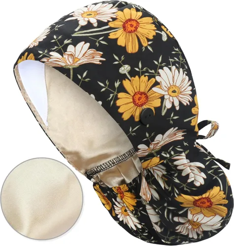 Miniatura 19 de QBA Gorra de trabajo ajustable con botón, gorro forrado de satén, gorro de trabajo de algodón, banda elástica para atar en la espalda, unisex Pt