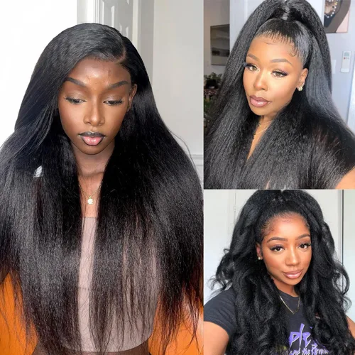 Miniatura 10 de ZIYU Peluca de cabello humano lacio tipo afro sin pegamento para mujer, peluca de encaje frontal de 13 x 4 pulgadas, predepilada con abuelitos