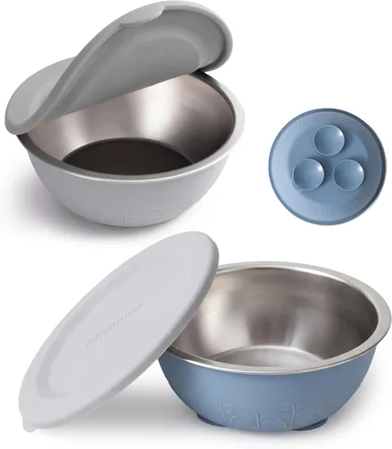 Miniatura 13 de Moonkie Cuencos para bebés con succión, cuencos de acero inoxidable y silicona para niños pequeños con tapas, diseño de una sola pieza sin costuras