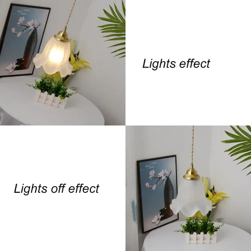 Miniatura 3 de Lámpara colgante con forma de flor retro nórdica, moderna lámpara colgante colgante de cúpula dorada con pantalla de vidrio esmerilado, cable