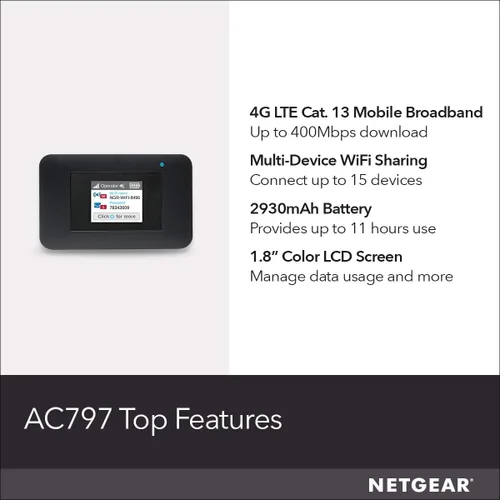 Miniatura 6 de NETGEAR Hotspot WiFi móvil Enrutador 4G LTE AC797-100NAS Velocidad de descarga de 400 Mbps Conecta hasta 15 dispositivos Crea una WLAN