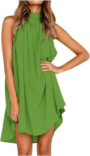 Vestidos de verano para mujer vintage bohemio liso sin mangas elegante cóctel fiesta mini vestido corto Rosa fuerte café verde menta S-XXL