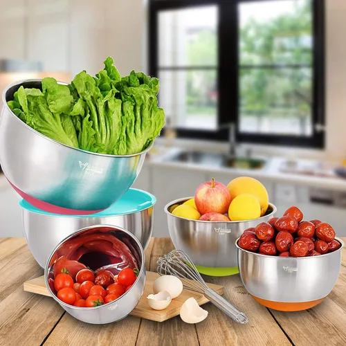 Miniatura 4 de Wildone Juego de Tazones Mezcladores con Tapas Herméticas, 5PCS Tazones de Acero Inoxidable Anidables para Cocina, con Accesorios de Rallador