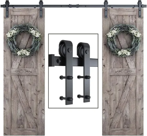 SMARTSTANDARD Kit de herrajes para puerta de granero doble de 8 pies, pista de puerta corredera: suave y silenciosa - incluye instrucciones