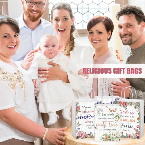 Miniatura 6 de Yeaqee 24 bolsas de regalo religiosas cristianas a granel con asas, 6 estilos reutilizables, flores religiosas, bautismo religioso, versículo