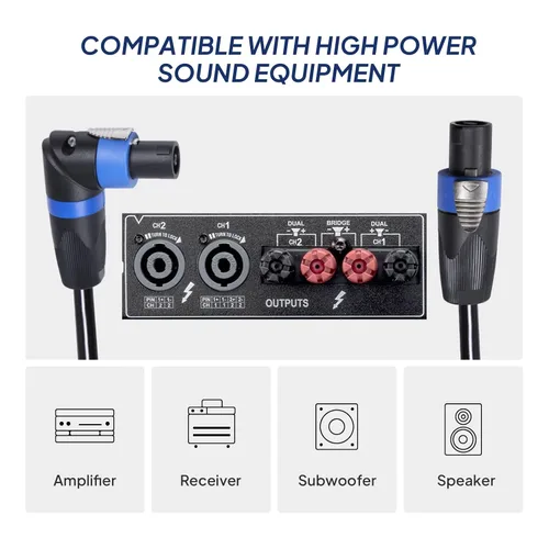 Miniatura 6 de Paquete de 1 cable Speakon en ángulo recto de 55 pies, cables macho de altavoz en ángulo con bloqueo giratorio para escenario Pro PA, cableado