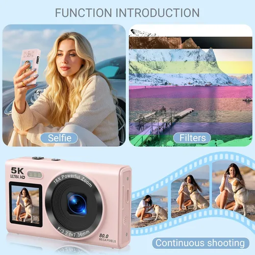 Miniatura 4 de Cámara digital 5K para fotografía, cámara de vlogging de pantalla dual de 80 MP para YouTube con WiFi, zoom digital 16X, función de belleza, Rosa