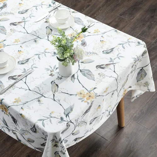 Miniatura 3 de VOGOL Mantel rectangular de lino lavable, resistente a las manchas y a las arrugas, estampado floral y de pájaros, mesa decorativa para mesa