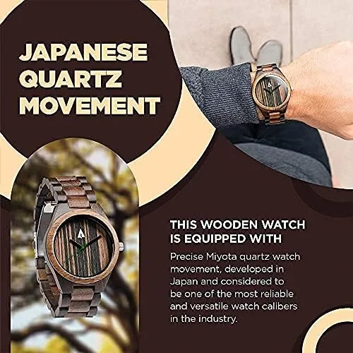Miniatura 7 de treehut Reloj de madera para hombre con correa de madera ajustable y hebilla de acero inoxidable, reloj analógico de cuarzo japonés con caja