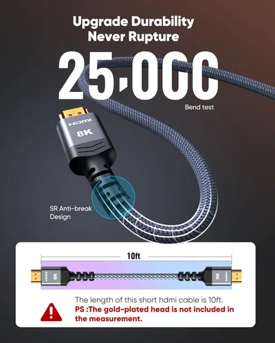 Miniatura 5 de Highwings - Cable HDMI de 8K a 60 Hz, 10 pies / 3 metros, 48 Gbps, cable HDMI de nailon trenzado de ultra-alta velocidad, 4K a 120 Hz, 144 Hz, RTX