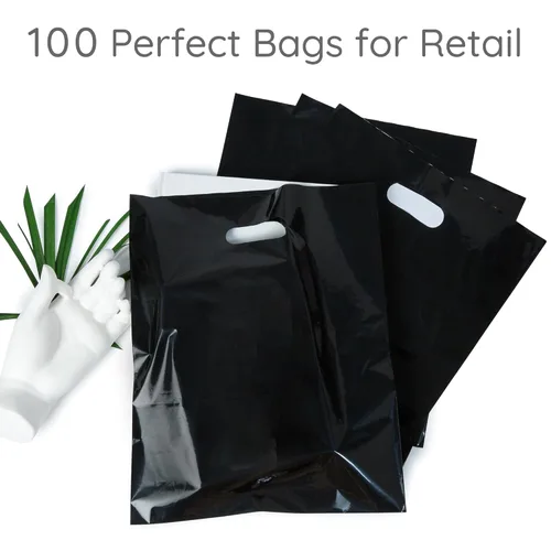 Choice Marts 100 bolsas de plástico negras con asas – 12 x 15 pulgadas, bolsas de venta al por menor negras brillantes de 2 mil de grosor adecuadas
