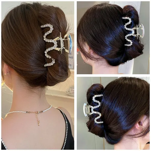 Miniatura 5 de Pinzas para el Cabello con Diamantes de Imitación, Textention Pinzas de Garra con Perlas de 3.4 Pulgadas para Cabello Grueso, Sujetadores