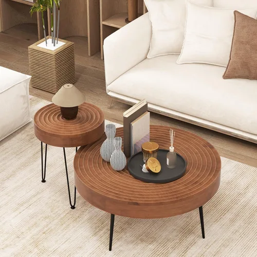 Miniatura 8 de Giantex Juego de 2 mesas auxiliares redondas bohemias, mesa anidable lateral para sofá con parte superior de madera de pino maciza, patas de metal