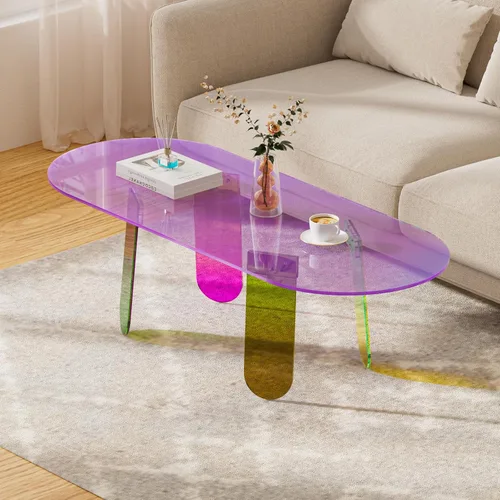 Miniatura 2 de Mesa auxiliar acrílica, mesa de centro iridiscente arcoíris con cubierta de mesa de PVC, muebles de acrílico transparente, mesita de noche redonda