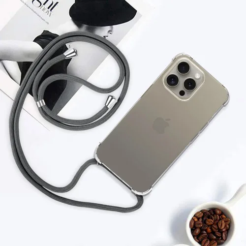 Miniatura 5 de Funda con cordón para iPhone 15 Pro Max, funda transparente con correa de cordón ajustable para el cuello, parachoques suave, goma TPU, a prueba
