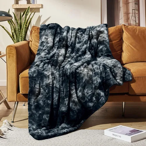Manta de piel sintética de conejo, 60 x 80 pulgadas, suave, esponjosa, acogedora, cálida, lavable a máquina, manta duradera y lujosa para sofá y