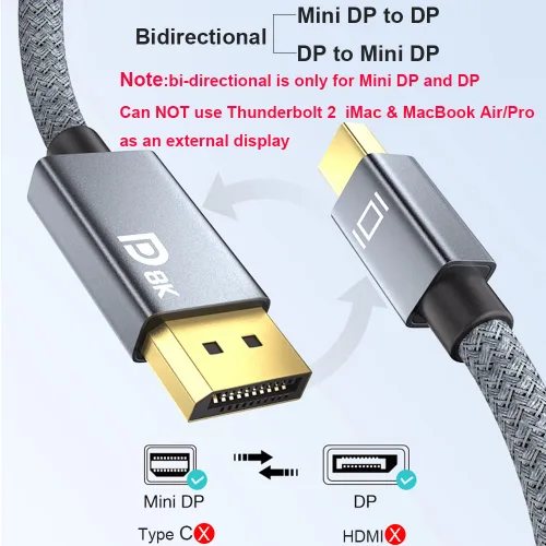 Miniatura 3 de QCEs Cable Mini DisplayPort a Displayport 1.4 de 8K de 10 pies, cable Thunderbolt a DP 8K @60Hz 4K a 144Hz Thunderbolt 2 (video de salida)