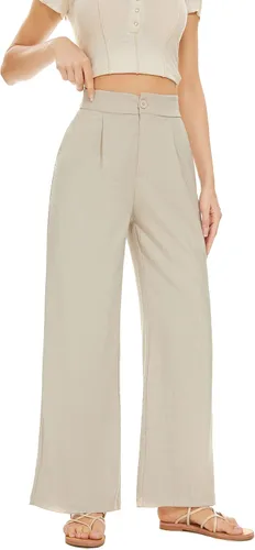 Miniatura 5 de FUNYYZO Pantalones de lino de cintura alta de pierna ancha para mujer, pantalones casuales de trabajo con cintura elástica