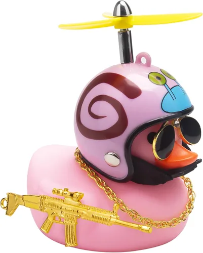 Miniatura 11 de wonuu Adornos de pato de goma para tablero de automóvil, juego de decoraciones de pato rosa con casco de hélice, lentes de sol, cadena dorada