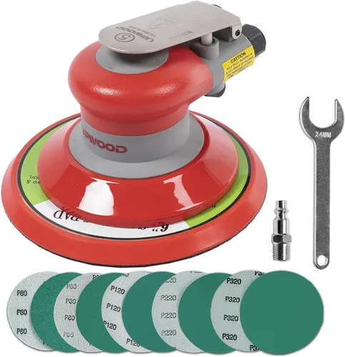 Miniatura 8 de Lijadora neumática orbital aleatoria de 5 pulgadas, lijadora de palma ligera de 3/16" (5 mm) de diámetro, 12000 RPM con 10 piezas extra de papel