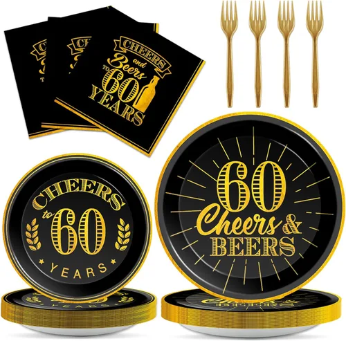 Juego de 96 platos y servilletas para cumpleaños de 60 años, suministros de fiesta de saludos a 60 años, decoraciones de cumpleaños de 60 años,