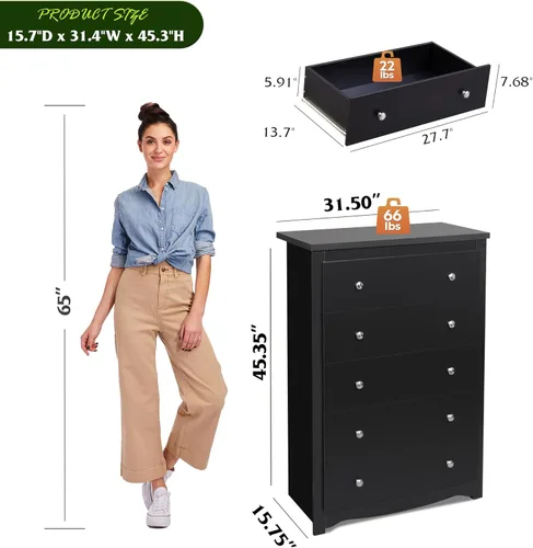 Miniatura 3 de WLIVE Cómoda de madera con 5 cajones, cómoda negra de 45 pulgadas de alto para dormitorio, cómoda, armario de almacenamiento y cajones organizadores