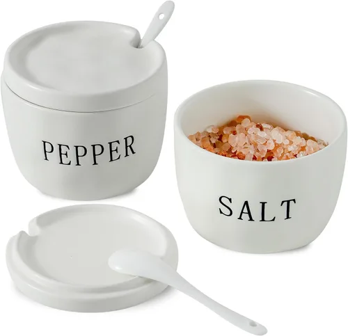 Miniatura 7 de Juego de 2 cuencos de sal y pimienta, recipientes de cerámica para sal y pimienta con tapa y cuchara, juego de soporte de sal y pimienta blanca