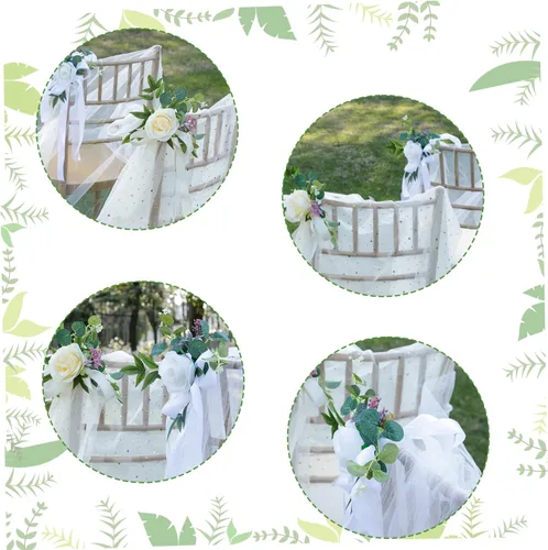 Miniatura 7 de Decoraciones de pasillo para ceremonia de boda, 6 piezas de rosas artificiales para decoración de pasillo de boda con cintas, decoración floral