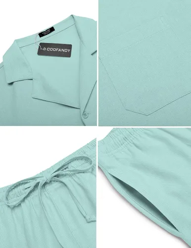 Miniatura 5 de COOFANDY Camisas de lino de manga corta con botones para hombre, conjunto corto hawaiano de playa de 2 piezas