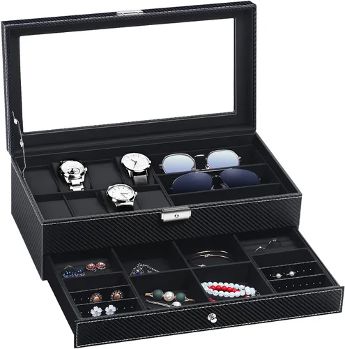 TomCare Caja de reloj organizador de reloj con patrón de tejido joyero con cerradura con cajón soporte para gafas de sol aretes organizador de joyas