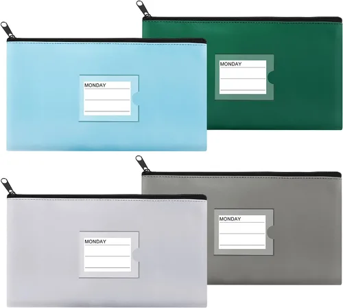 Miniatura 12 de Paquete de 4 bolsas de dinero para depósitos bancarios, cartera de cuero sintético resistente con cremallera con ventana transparente, bolsa
