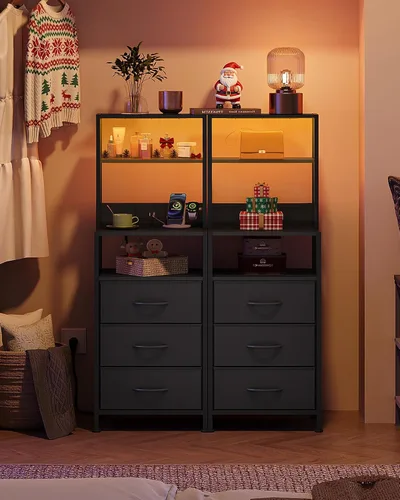 Miniatura 7 de WLIVE - Mesita de noche alta con estación de carga, mesita de noche LED con 3 cajones de tela y estantes abiertos de almacenamiento, mesa de noche