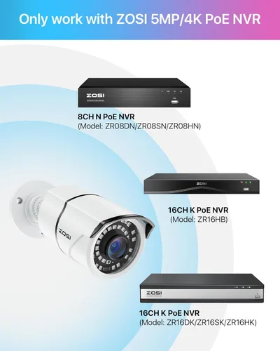 Miniatura 5 de ZOSI ZG2615E - Cámara de seguridad impermeable POE de 5MP con visión nocturna para sistema de vigilancia de alimentación a través de Ethernet