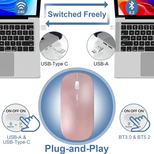 Miniatura 3 de Kovess Ratón para Laptop Inalámbrico Bluetooth - MacBook Air Mac Pro PC iPad Ratón Óptico Recargable Silencioso con Jiggler Interruptor de Modo Dual