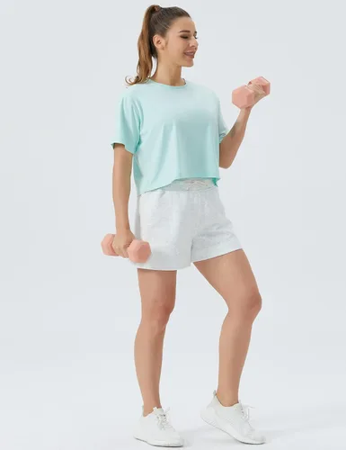 Miniatura 6 de THE GYM PEOPLE Pantalones cortos deportivos con cordón para mujer, cintura alta, pantalones cortos de entrenamiento de verano con bolsillos
