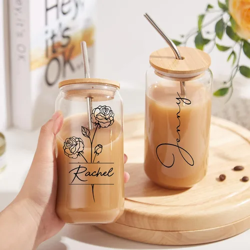 Miniatura 3 de Mostop Vaso de café helado personalizado con tapas y pajitas, vaso de flor de nacimiento personalizado, regalo para el día de la madre y cumpleaños