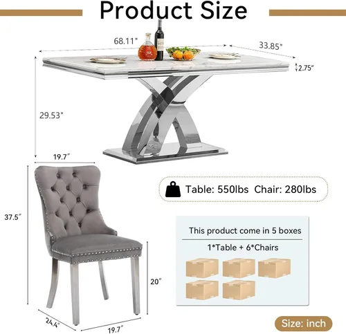 Miniatura 8 de Juego de mesa de comedor de mármol de lujo de 70 pulgadas para 4, juegos de mesa de cocina blanco y dorado para 4, mesa de comedor moderna de mármol