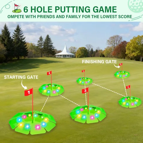Miniatura 8 de TERRAMUS Juego de golf iluminado - Juego de golf para niños actualizado con 6 objetivos LED, 2 palos, 6 pelotas (2 brillan), juguetes de golf Green