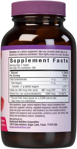 Miniatura 6 de Bluebonnet Nutrition Earth Sweet Vitamina B12 & Comprimidos masticables de ácido fólico, crema frambuesa, 180 unidades (paquete de 1)