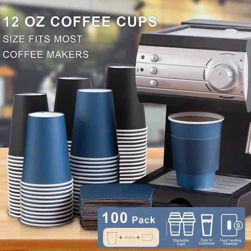 Miniatura 2 de SIUQ Paquete de 100 tazas de café de 12 onzas con tapas, tazas de café de papel desechables con fundas para bebidas calientes/frías, fiestas