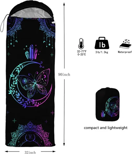 Miniatura 6 de HOSIMA Saco de dormir bohemio con diseño de mariposa para adultos, para clima frío y clima cálido, saco de dormir para niños, para camping