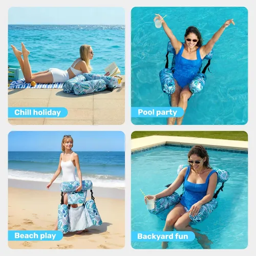 Miniatura 8 de Sloosh Sillas flotantes de piscina para adultos, sillas inflables de piscina, hamaca flotante con patrón de plantas para adultos, flotadores