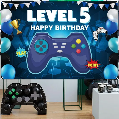Miniatura 6 de Pancarta de nivel 5 desbloqueada con texto en inglés «Happy 5 Birthday» para decoración temática de videojuegos para niños y niñas, fiesta de 5
