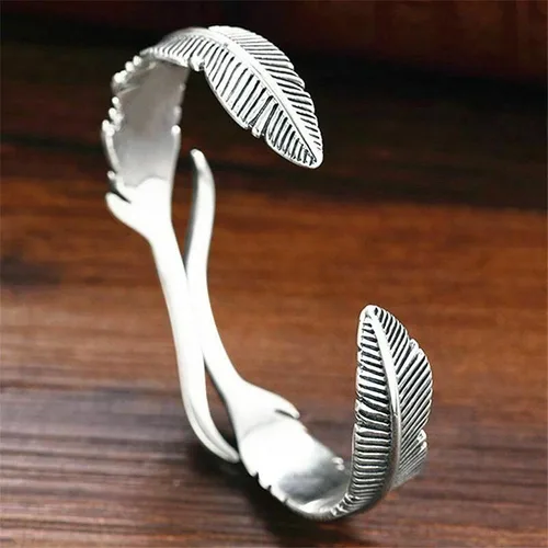 Miniatura 5 de Pulsera de plumas de plata Lucky Hope Cuff Jewelry Simple Retro para mujeres y hombres