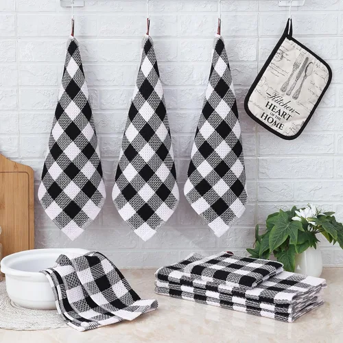 Miniatura 7 de homing Juego de toallas de cocina a cuadros de búfalo y paños de cocina, 30 cm x 30 cm y 33 cm x 71 cm, juego de 8 toallas de cocina de algodón a
